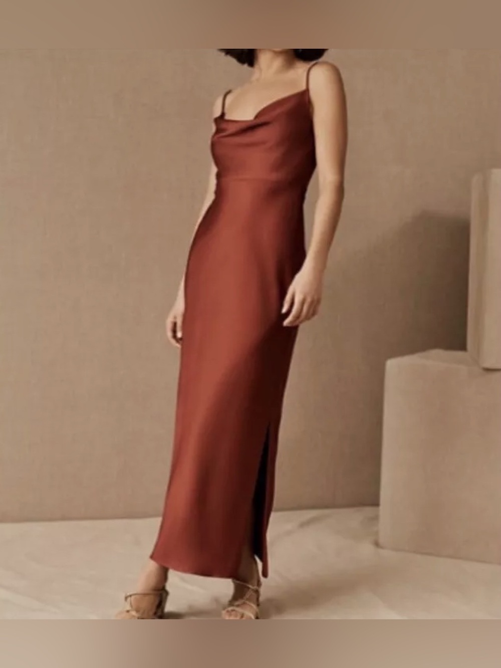 BHLDN Cali Satin Cowl-Neck Midi Slip Dress